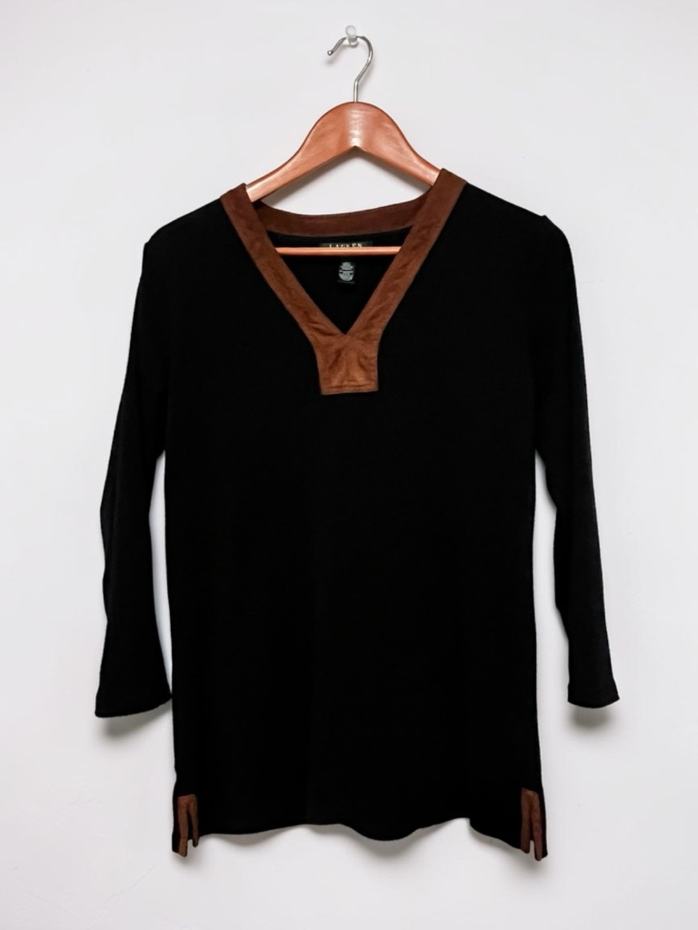 Lauren Ralph Lauren Split Neck Ribbed Cotton Knit 3/4 Sleeve Faux Suede Trim L